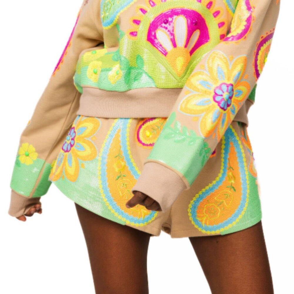 QUEEN OF SPARKLES Tan Shorts with Green, Yellow & Pink Paisley Embroidery